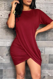 Red Black Fashion Casual Solid Asymmetrical O Neck Short Sleeve Dress