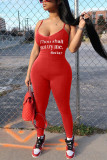 Pink Sexy Letter Print Sling Slim Jumpsuit