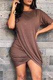 Coffee Fashion Casual Solid Asymmetrical O Neck Short Sleeve Dress