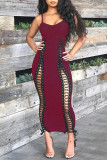 Burgundy Fashion Sexy Solid Hollowed Out Patchwork Strap Design O Neck Sling Dress