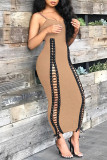 Black Fashion Sexy Solid Hollowed Out Patchwork Strap Design O Neck Sling Dress