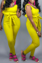 Yellow Fashion Casual Solid Basic O Neck Sleeveless Two Pieces