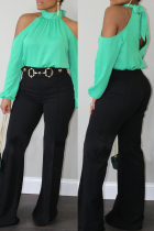Green Fashion Casual Solid Hollowed Out Turtleneck Tops