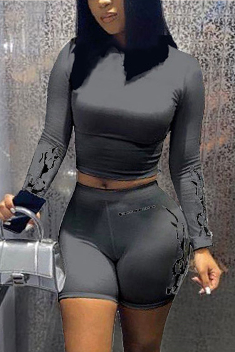 

Grey Fashion Print Long Sleeve Top Shorts Set