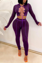 Purple Sexy Striped Bandage Hollowed Out Asymmetrical V Neck Long Sleeve Two Pieces