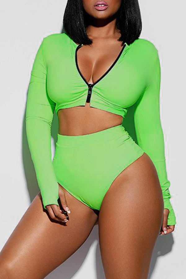 Green Deep V Neck Zipper Long Sleeve Crop Top and Shorts Vacation Beach Tankinis Set