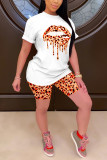 Orange Fashion Leopard Lip Print T-shirt Casual Set