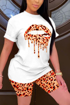 Orange Fashion Leopard Lip Print T-shirt Casual Set