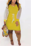 Yellow Leisure Commuter Sexy Patchwork Tight Dress