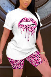 White Fashion Leopard Lip Print T-shirt Casual Set