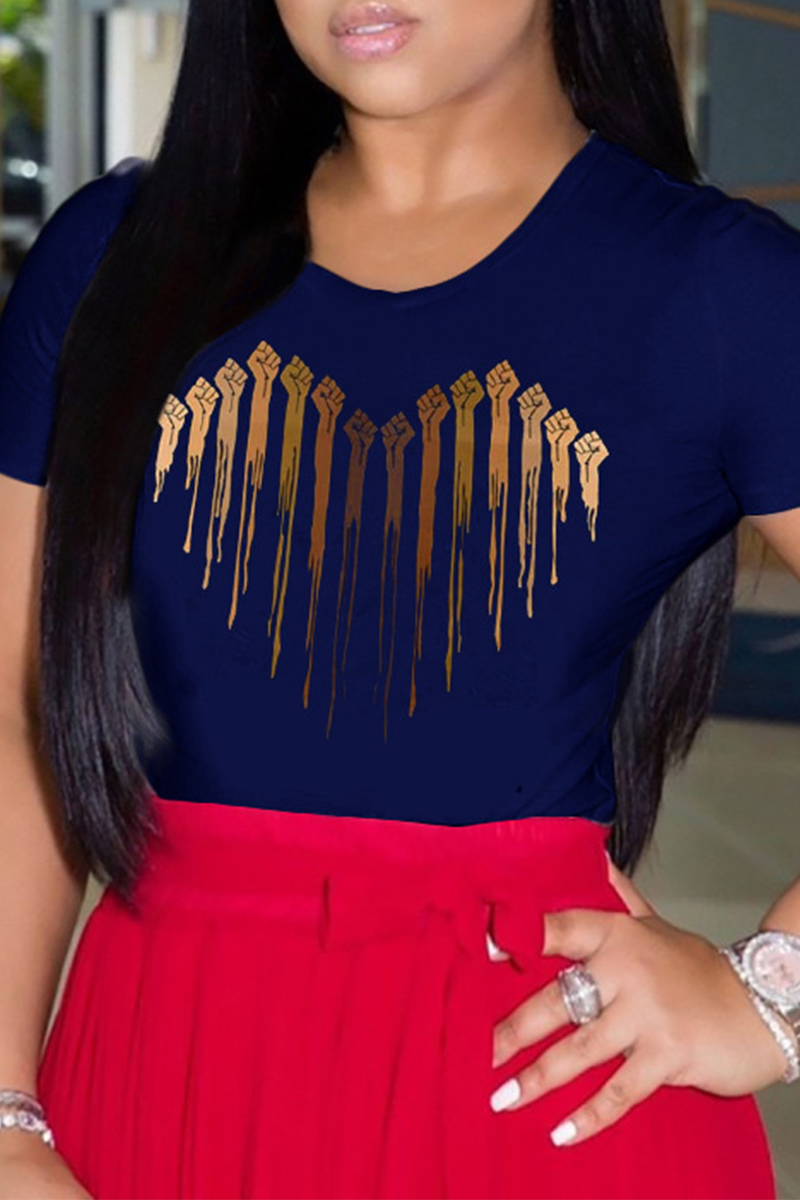 

Tibetan Blue Casual Print Split Joint O Neck Tops