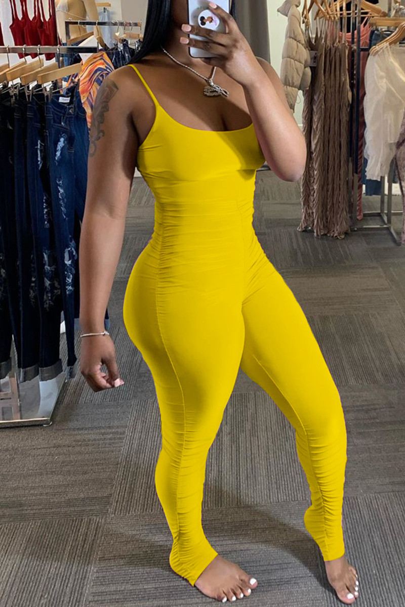 Fashion Sexy Yellow Suspender Folds Jumpsuit