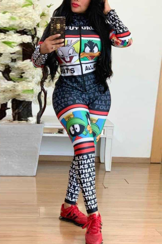 Black Sexy Fashion Print zipper letter Long Sleeve O Neck 
