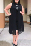 Black Trendy Patchwork Chiffon Knee Length Dress