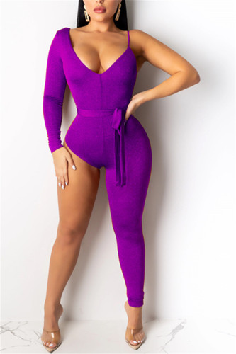 Purple Fashion Sexy Irregular Single Sleeved Single Pants Jumpsuits