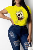 Yellow Casual Character Patchwork O Neck Tops