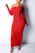 Red Fashion Sexy Off The Shoulder Long Sleeves One word collar Pencil Dress Mid-Calf backless Club Dres
