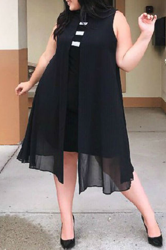 Black Trendy Patchwork Chiffon Knee Length Dress