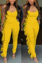 Yellow Fashion Sexy Fluorescent Asymmetrical Solid Sleeveless Slip Jumpsuits