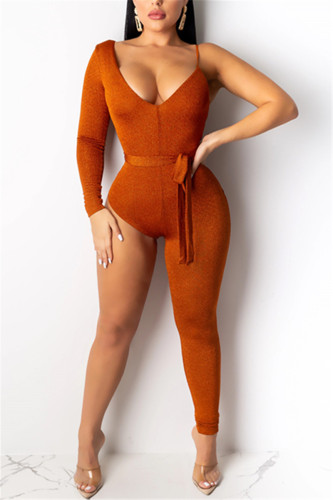 Orange Fashion Sexy Irregular Single Sleeved Single Pants Jumpsuits