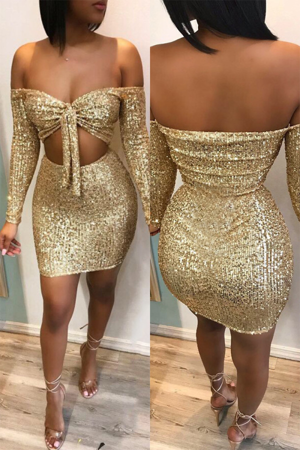 Gold Sexy Solid Two Piece Suits Hip skirt Long Sleeve Two-Piece Dress
