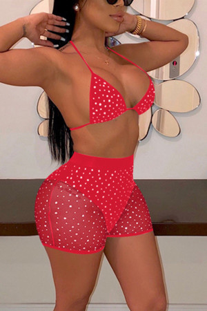 Red Fashion Sexy Mesh Sequins Swimsuit Set