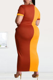 Yellow Sexy Fashion Stitching Short Sleeve Plus Size Dress
