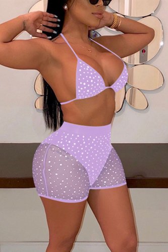 Purple Fashion Sexy Mesh Sequins Swimsuit Set