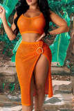 Orange Sexy Perspective Vest Beach Skirt Set