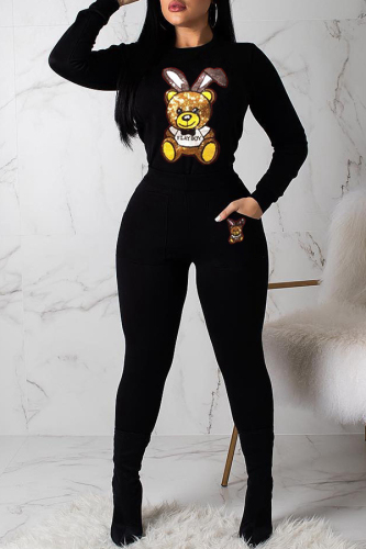 Black Elastic Fly Long Sleeve Mid Patchwork Sequin Print pencil Pants Two-piece suit