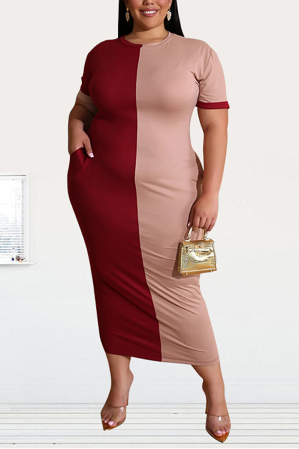 Pink Sexy Fashion Stitching Short Sleeve Plus Size Dress