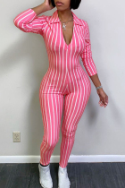 Pink Sexy Striped zipper Polyester Long Sleeve V Neck 