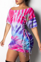 purple Fashion Sexy Patchwork Print bandage One word collar Hip skirt Dresses