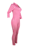 Pink Sexy Striped zipper Long Sleeve V Neck 