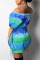 Green Fashion Sexy Patchwork Print bandage One word collar Hip skirt Dresses