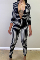 Black Sexy Striped zipper Polyester Long Sleeve V Neck 