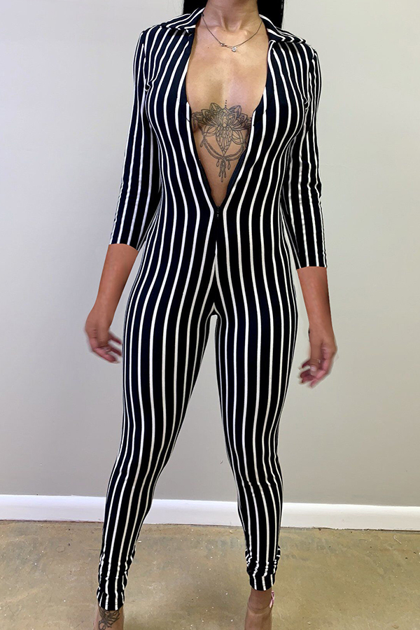 Black Sexy Striped zipper Long Sleeve V Neck 