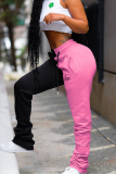 Pink Sportswear Print Solid Color Block Patchwork Straight High Waist Straight Solid Color Bottoms