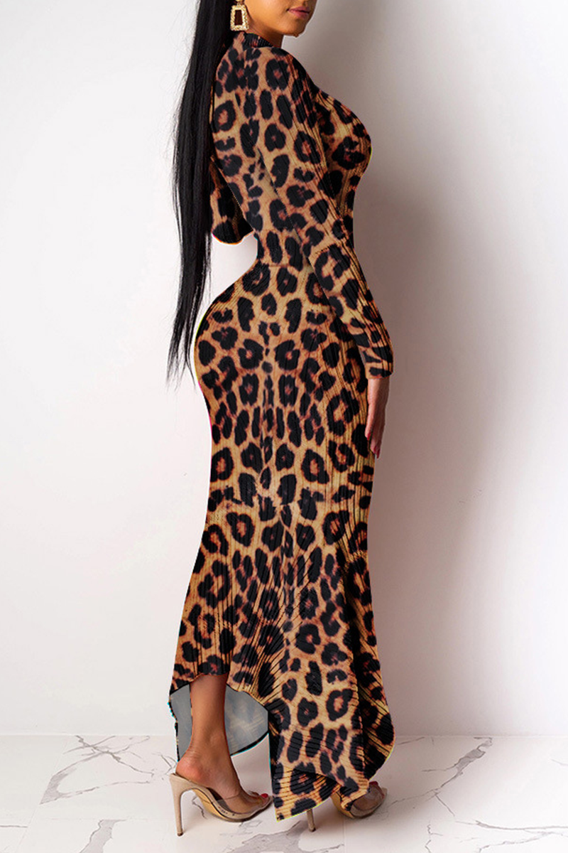 Sexy Leopard Patchwork Ruffle Contrast Half A Turtleneck A Line Dresses