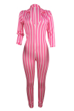 Pink Sexy Striped zipper Long Sleeve V Neck 
