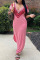 Pink Fashion OL Pink Cap Sleeve Short Sleeves V Neck Step Skirt Ankle-Length Patchwork Solid Dresses