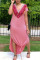 Pink Fashion OL Pink Cap Sleeve Short Sleeves V Neck Step Skirt Ankle-Length Patchwork Solid Dresses