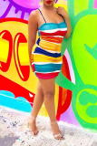 Multicolor Rainbow Color Sexy Striped Patchwork Spaghetti Strap Bodycon Mini Dresses