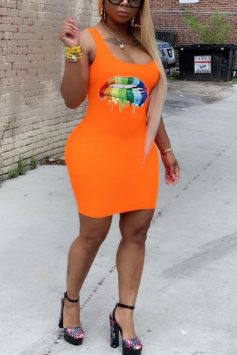 Orange Sexy Fashion Spaghetti Strap Sleeveless Slip Hip skirt Mini Fluorescent Print Solid Casua