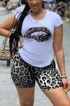 White Polyester adult Street Fashion Two Piece Suits Print Lips Print Leopard Straight Short Sleeve 