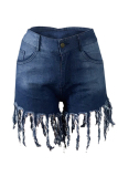 Pink Denim Button Fly Zipper Fly Mid Solid Patchwork Tassel Straight shorts 