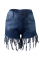 Light Blue Denim Button Fly Zipper Fly Mid Solid Patchwork Tassel Straight shorts 