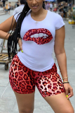 Yellow adult Street Fashion Two Piece Suits Print Lips Print Leopard Straight Short Sleeve
