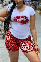 Red Polyester adult Street Fashion Two Piece Suits Print Lips Print Leopard Straight Short Sleeve 
