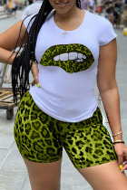 Fluorescent green Polyester adult Street Fashion Two Piece Suits Print Lips Print Leopard Straight Short Sleeve 
